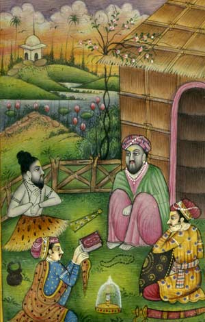 North India Moghul period miniature depicting a yogi–on the left–and the Sufi on the right sitting before his hut 