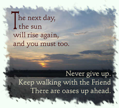  the next day, the sun will rise again, and you must too. Never give up. Keep walking with the Friend There are oases up ahead. 