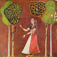 Keshava, in a forest with snakes wrapped around the trees