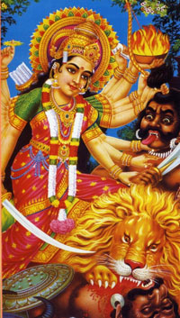 The Goddess Durga rides a lion that is eating an enemy while she defeats another with her eight arms